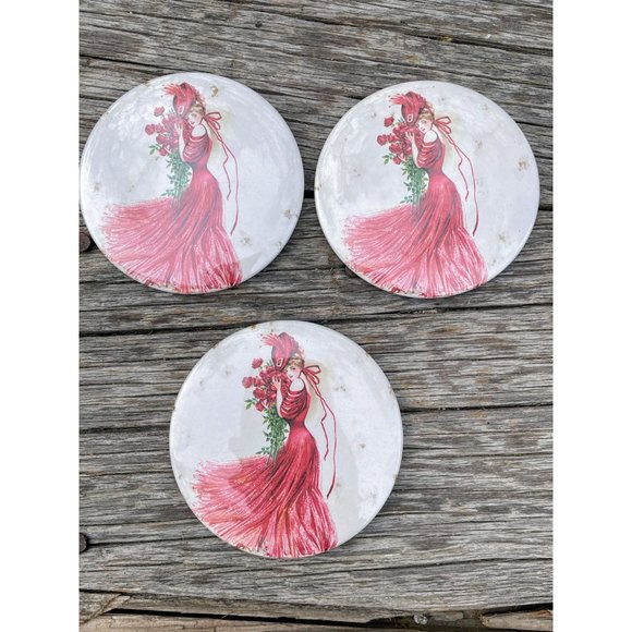 Vintage lot 3 Pocket Mirrors Victorian Lady Big Hat Red Dress - Picture 8 of 8